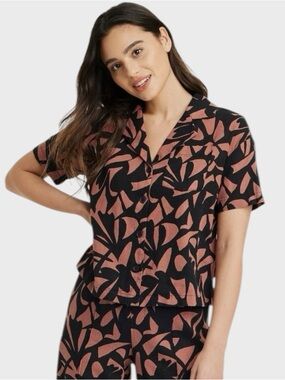 a new day Black & Rust Abstract Short-Sleeve Button-Down Shirt L NWT